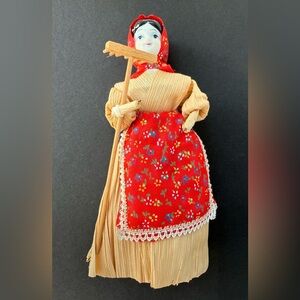 Corn Husk 6.5" Folk Art Farm Country Woman Rake Porcelain Doll Vintage